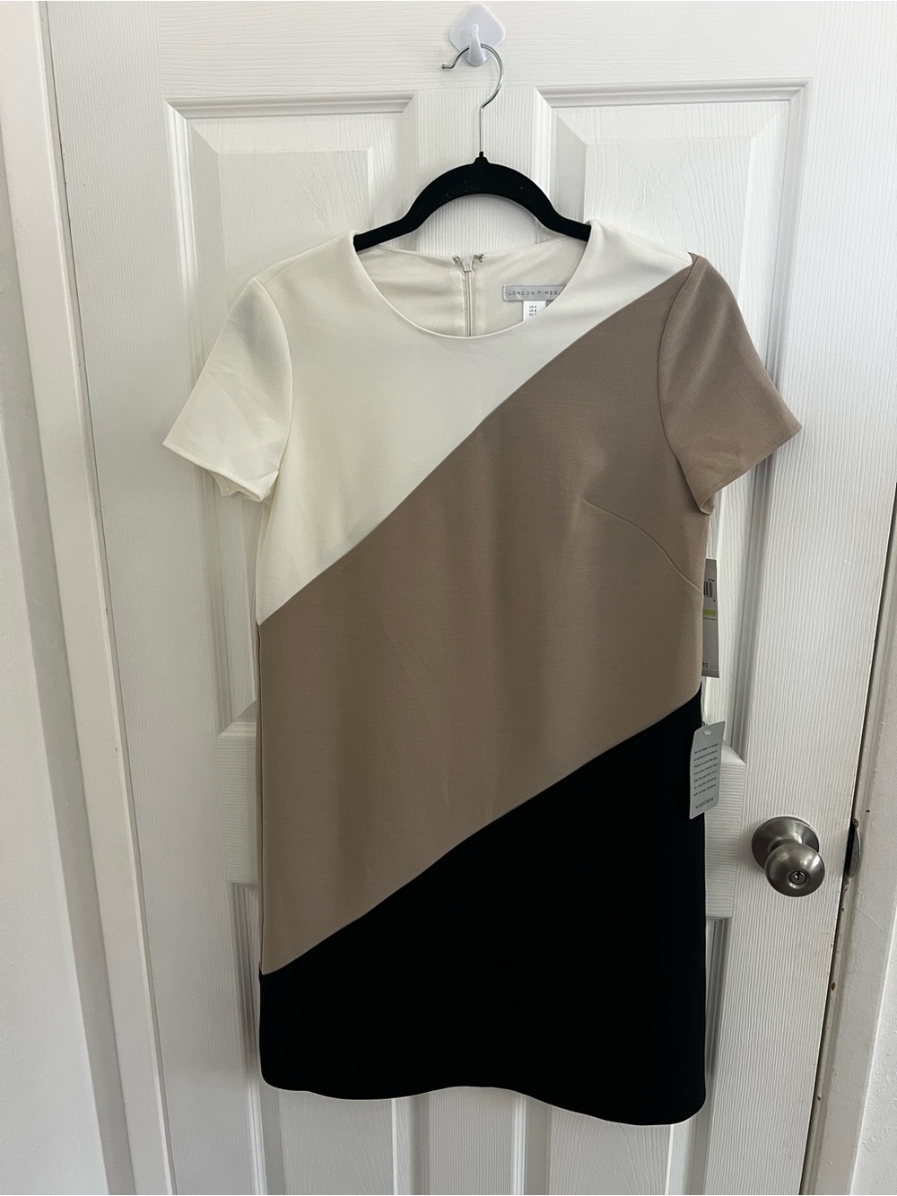 London Times Colorblock Mini Dress in White, Taupe & Black